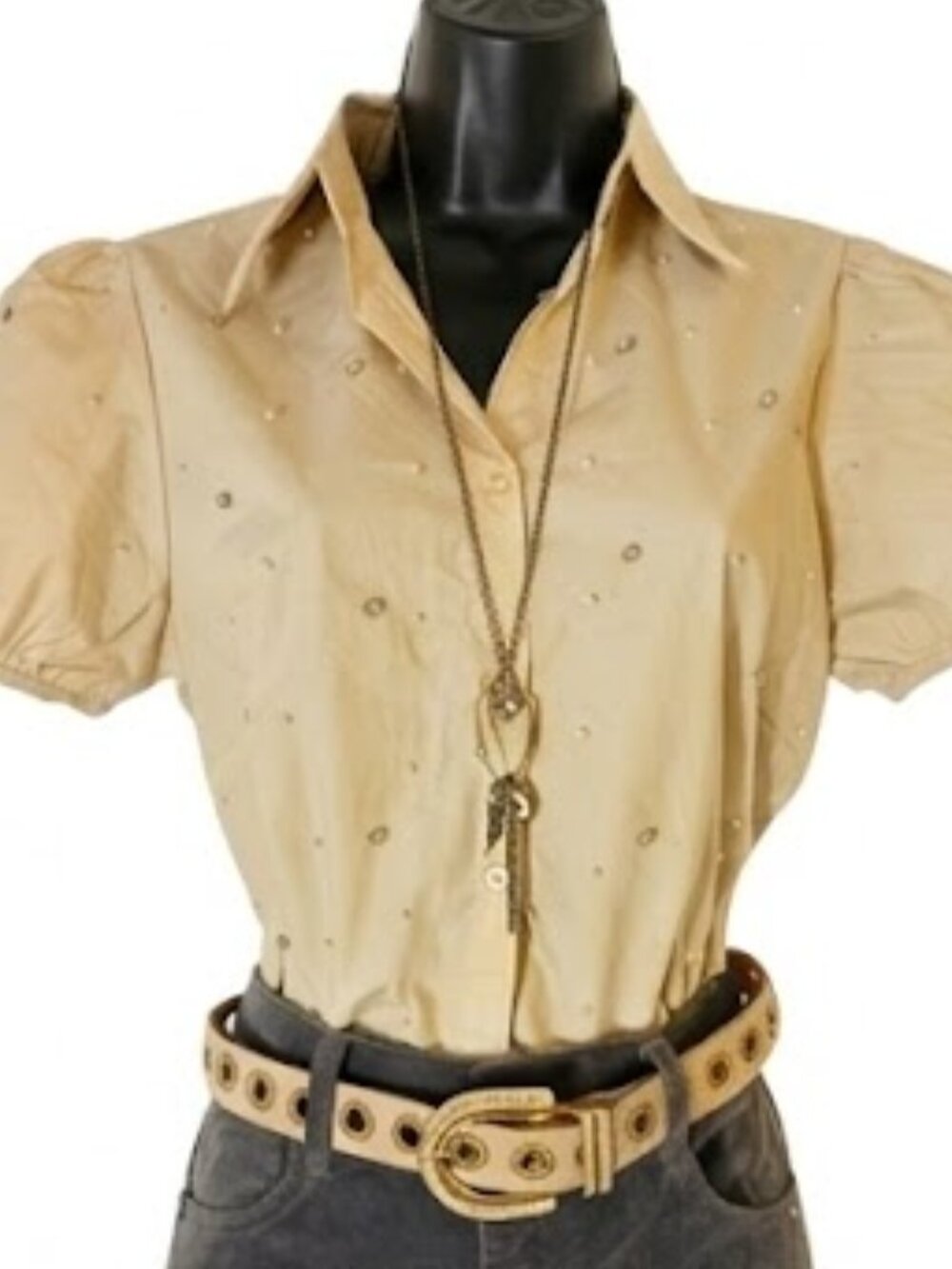 Lizzette Collection Beige/Apricot Faux Pearl Rhinestone Puff Sleeve Blouse Small